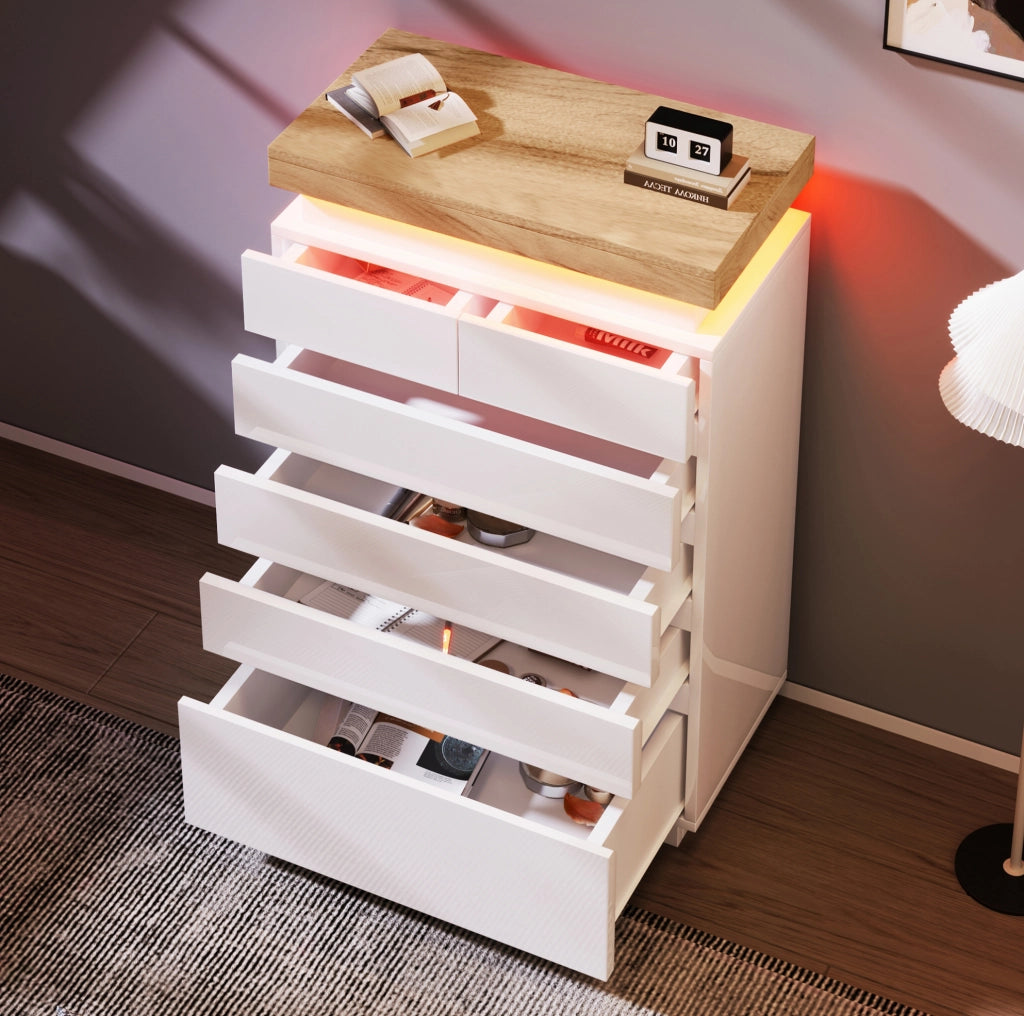 Cassettiera bianca lucida con 6 cassetti e LED controllabile da app, 73×39×115 cm