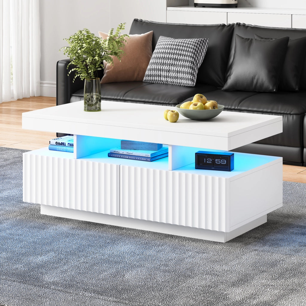 Tavolino da salotto 100 x 50 x 45 cm con 2 cassetti; LED controllato da app; bianco