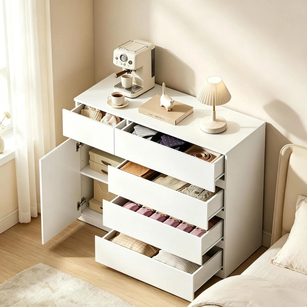 Mobile contenitore bianco con 5 cassetti e armadietto; 100 x 40 x 80 cm