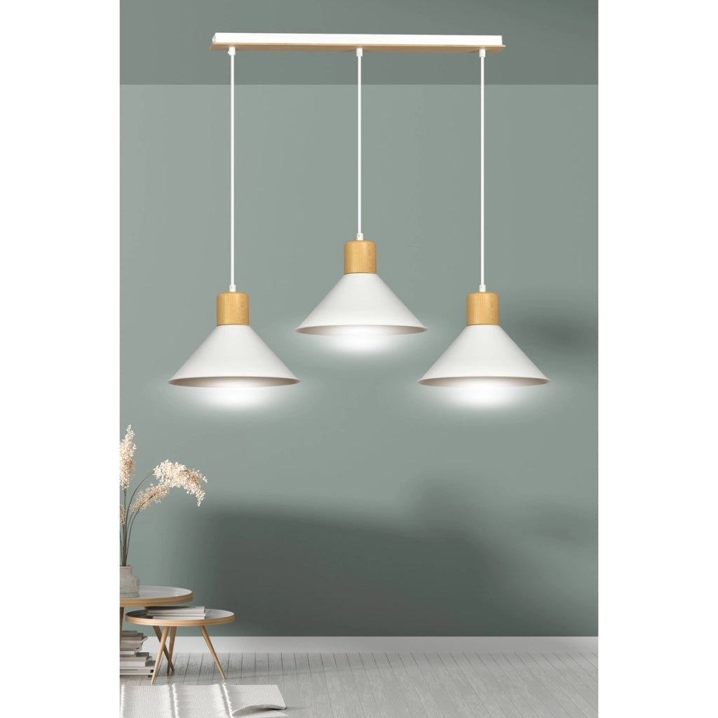 Lampada a sospensione ROWEN con inserti in legno e finitura bianca opaca