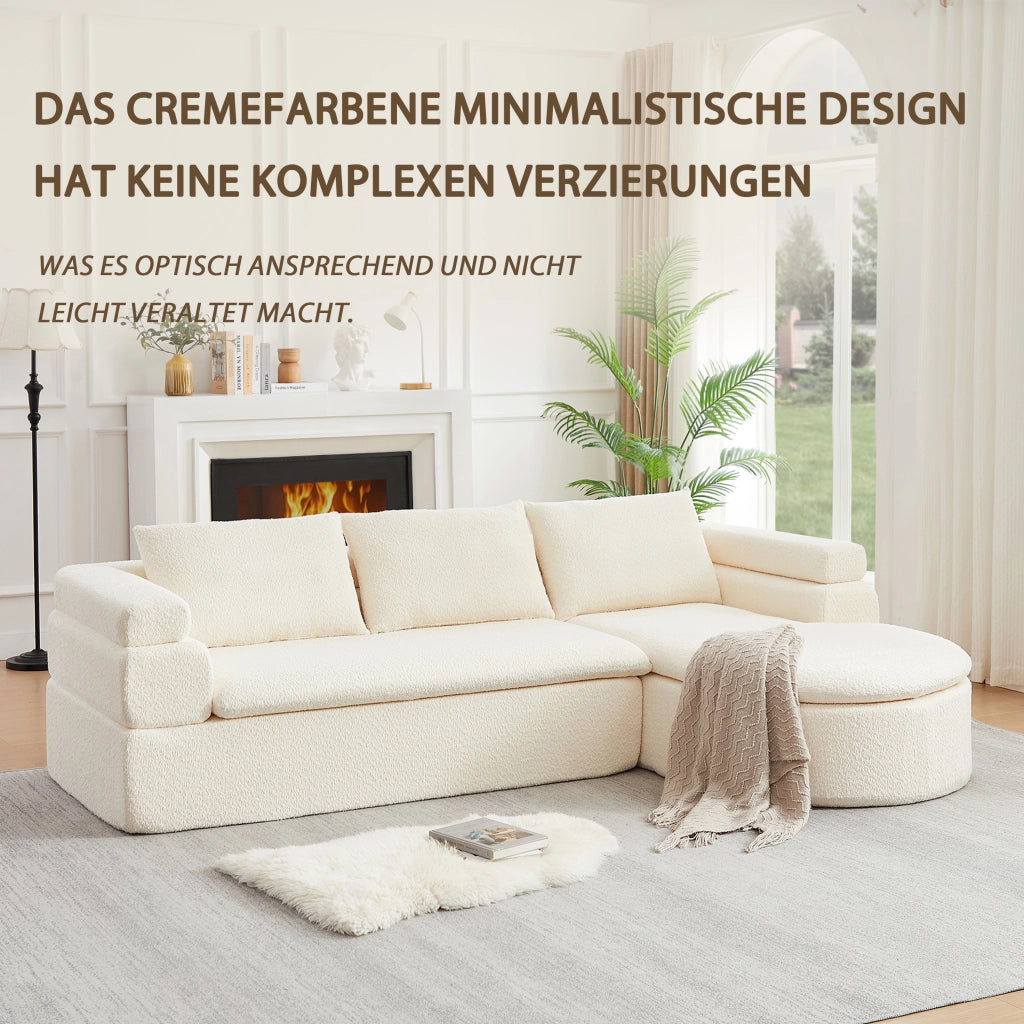 Divano angolare con chaise longue in ciniglia con schienali imbottiti e seduta sagomata a gradoni beige per soggiorno