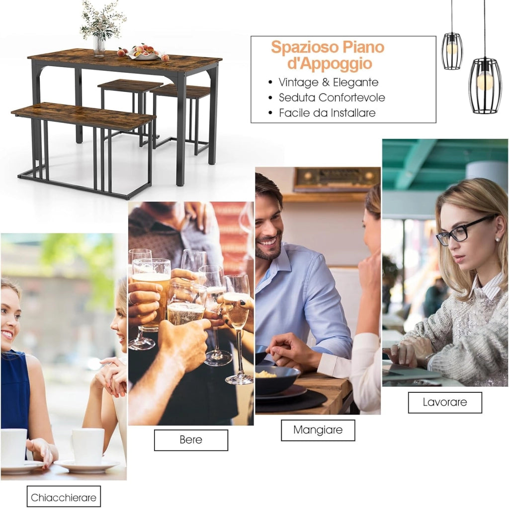 Set Tavolo da Pranzo 4 Pezzi 120x60x75cm, Tavolo da Cucina con 2 SgabellI e Panca in Stile Industriale per Sala da Pranzo, Bar e Ristorante (Marrone)