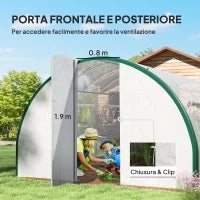 Serra a Tunnel 6x3 m con 2 Ingressi e 8 Finestre, in PE, Poliestere e Acciaio Zincato, Bianco e Verde