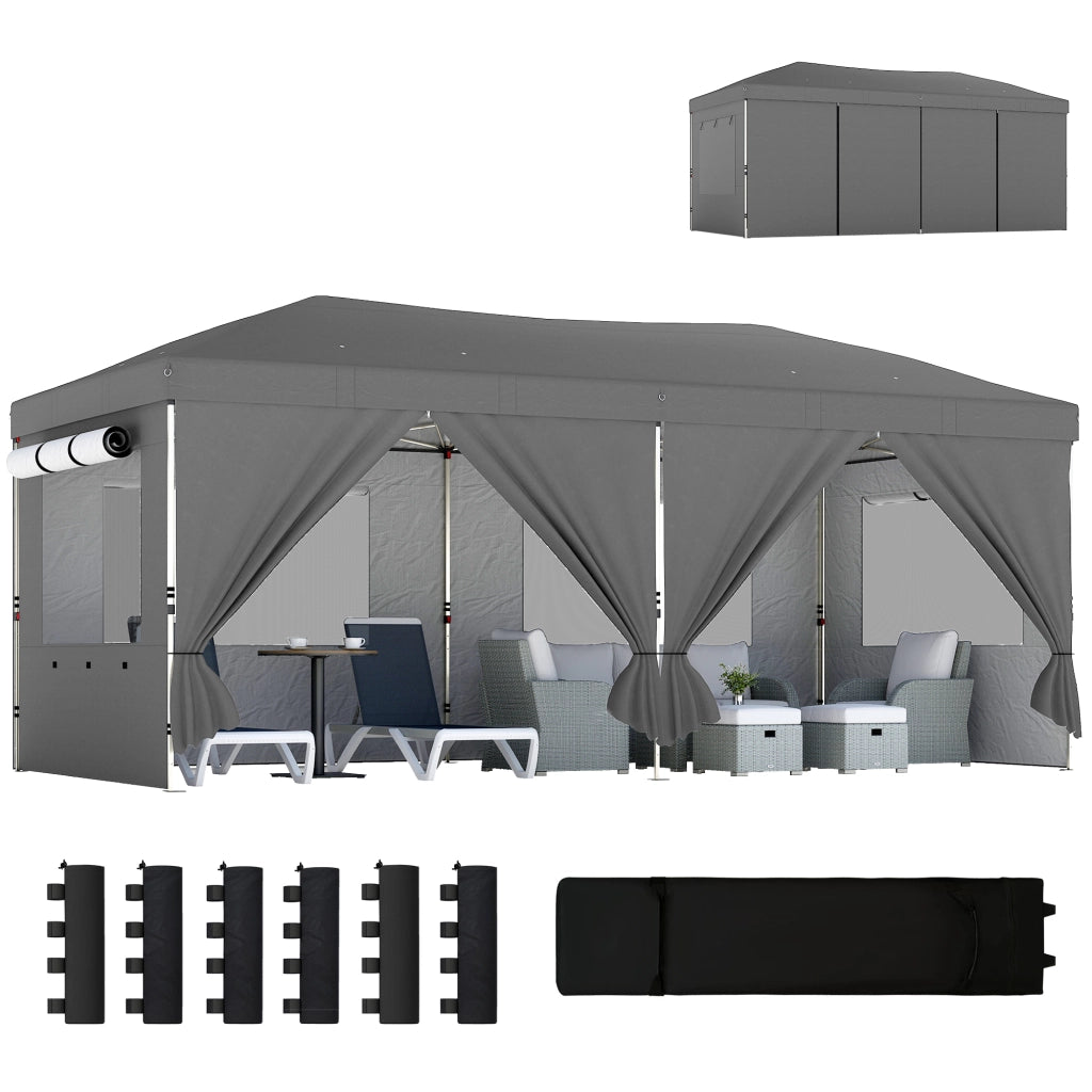 Gazebo Pieghevole 3x6 m con 6 Pareti Laterali, Sacchi e Picchetti, in Metallo e Tessuto Oxford, Grigio Scuro