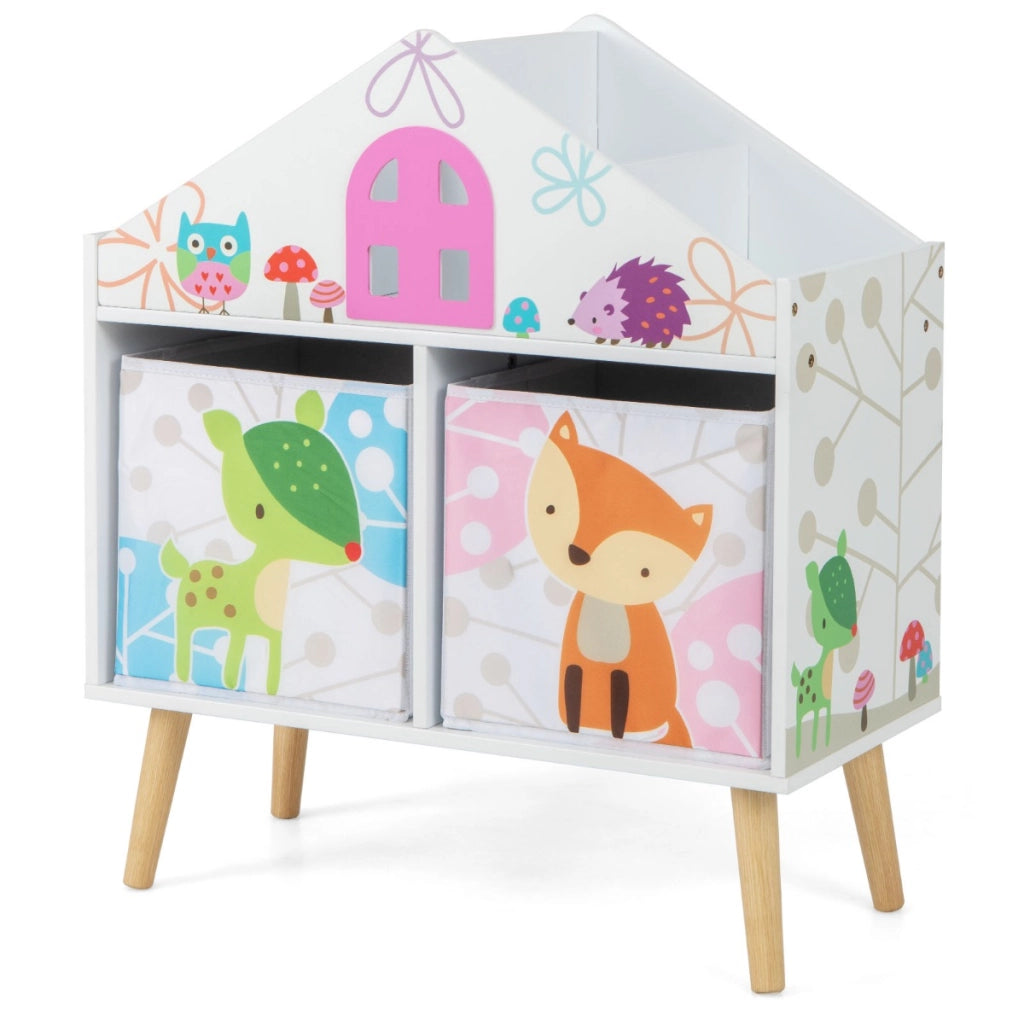 Libreria a forma di casa per bambini-Scaffale libreria in legno con 2 contenitori rimovibili gambe in legno massello Bianco