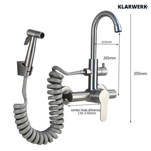 JULIE | rubinetto miscelatore da parete catering argento | professionale da cucina in acciaio inox con doccetta | ristorante da parete bocca alta