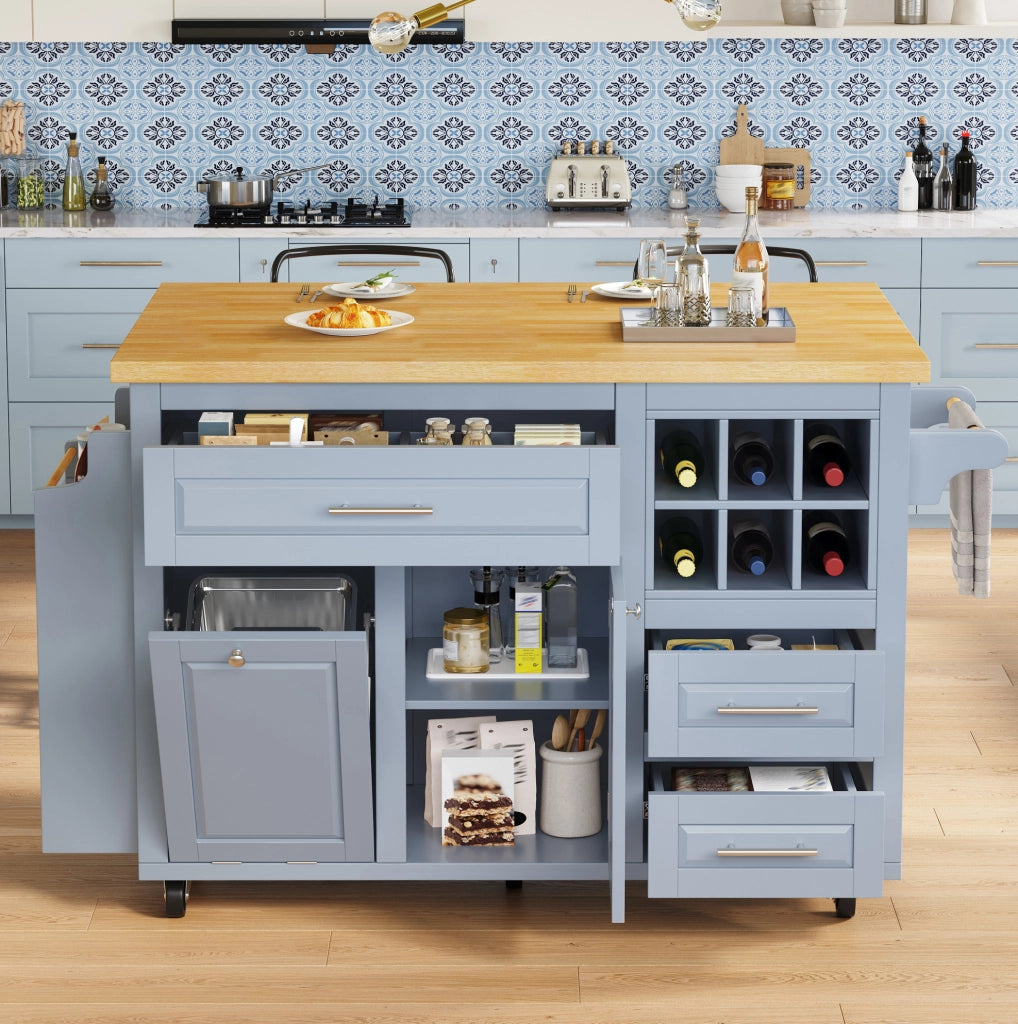 Carrello da cucina blu con piano pieghevole e portabottiglie