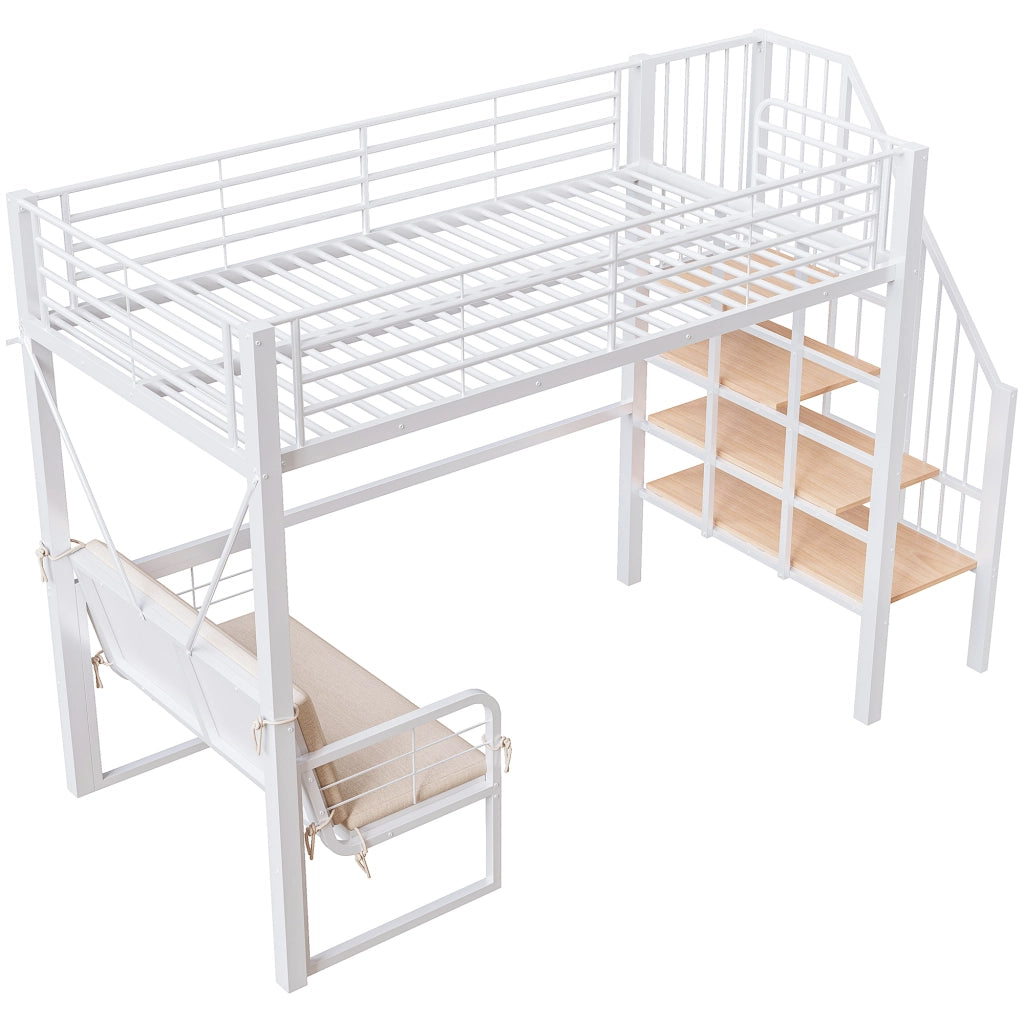 Letto a castello in metallo e MDF 90x200 cm con divano imbottito removibile, scala contenitore e struttura salvaspazio, bianco/nero
