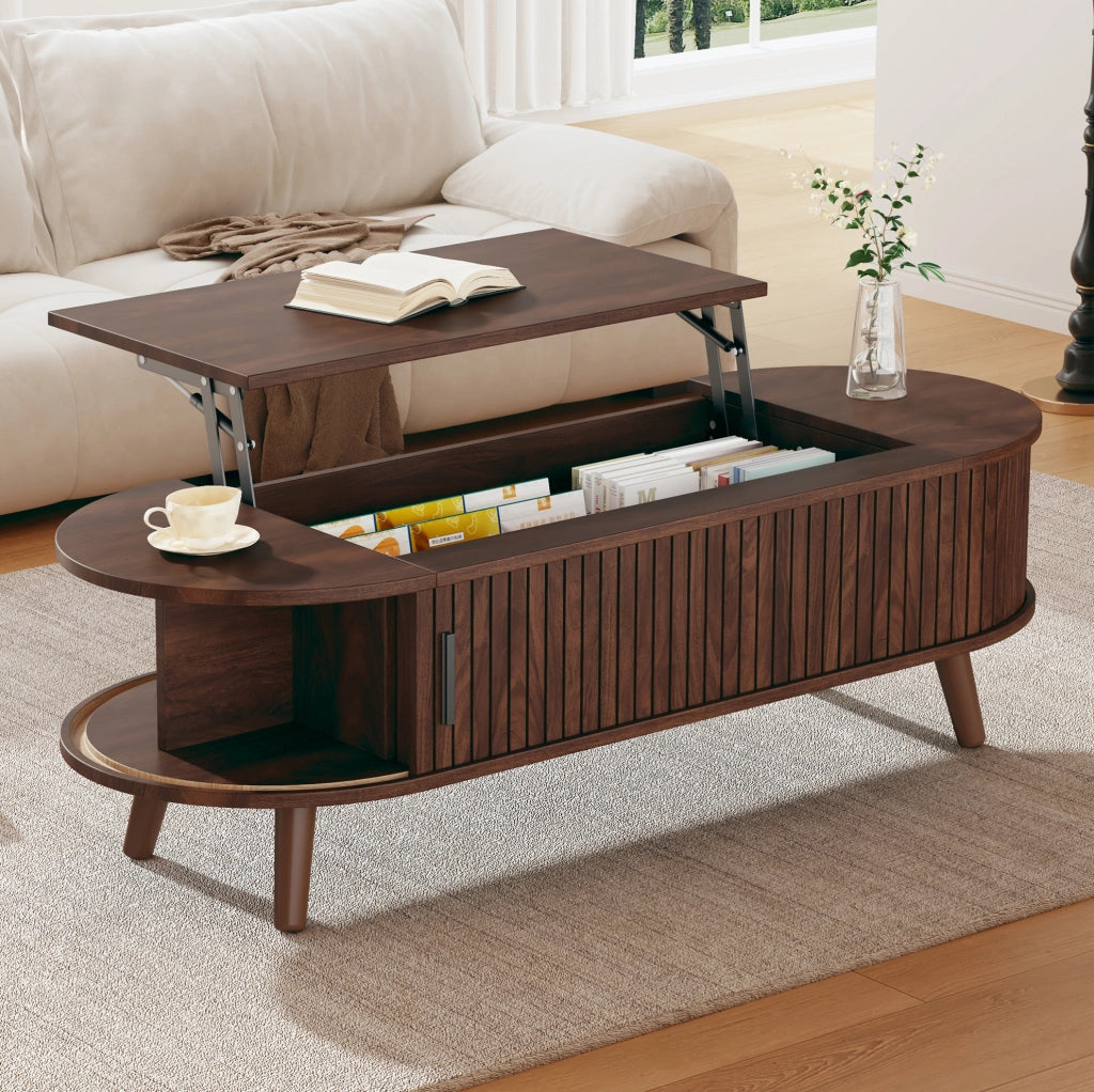 Tavolino da salotto sollevabile 120 x 50 x 39;5 cm in MDF; colore noce con vano portaoggetti