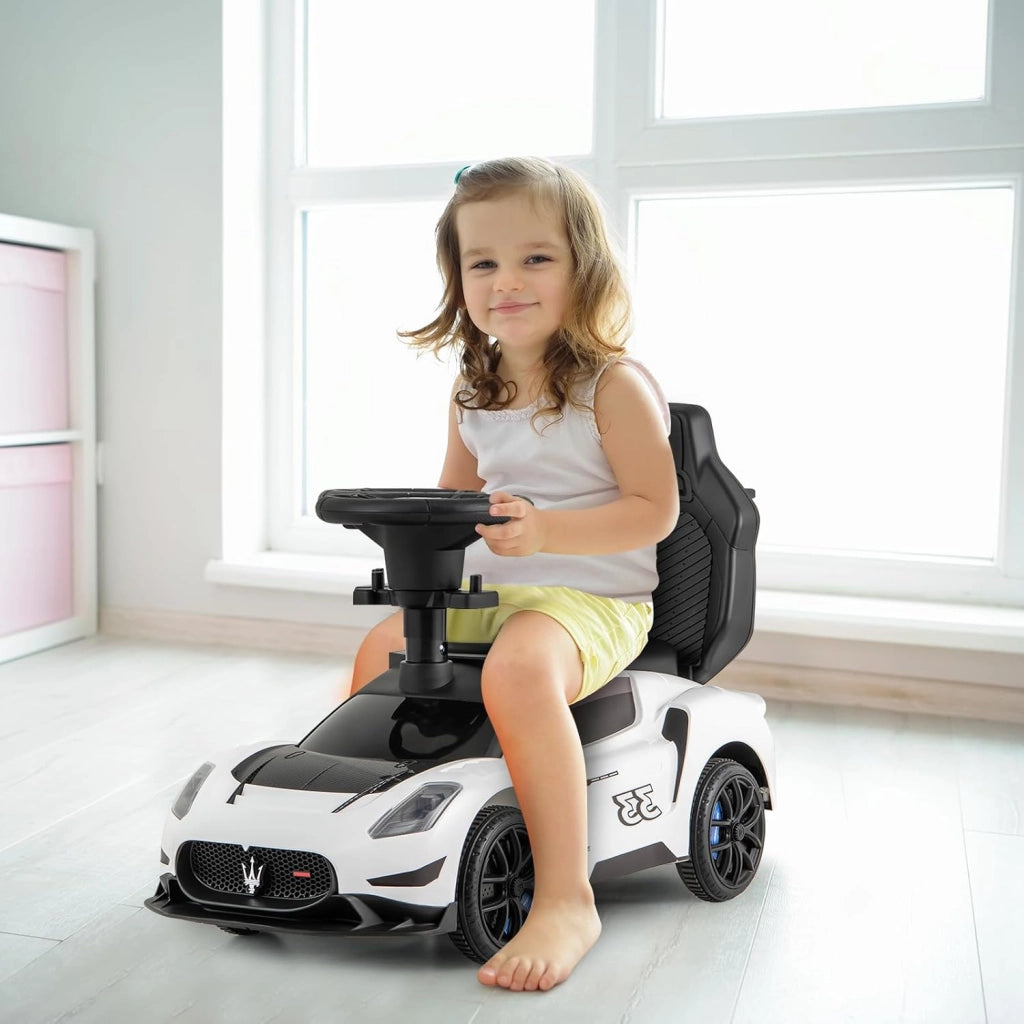 Macchina Cavalcabile per Bambini 3 in 1 con Licenza Mazerati, Barra di Spinta Rimovibile, Poggiapiedi, Archetto di Protezione, Clacson, Macchina Bambino per Ragazzo e Ragazza da 1 Anno (Bianco)
