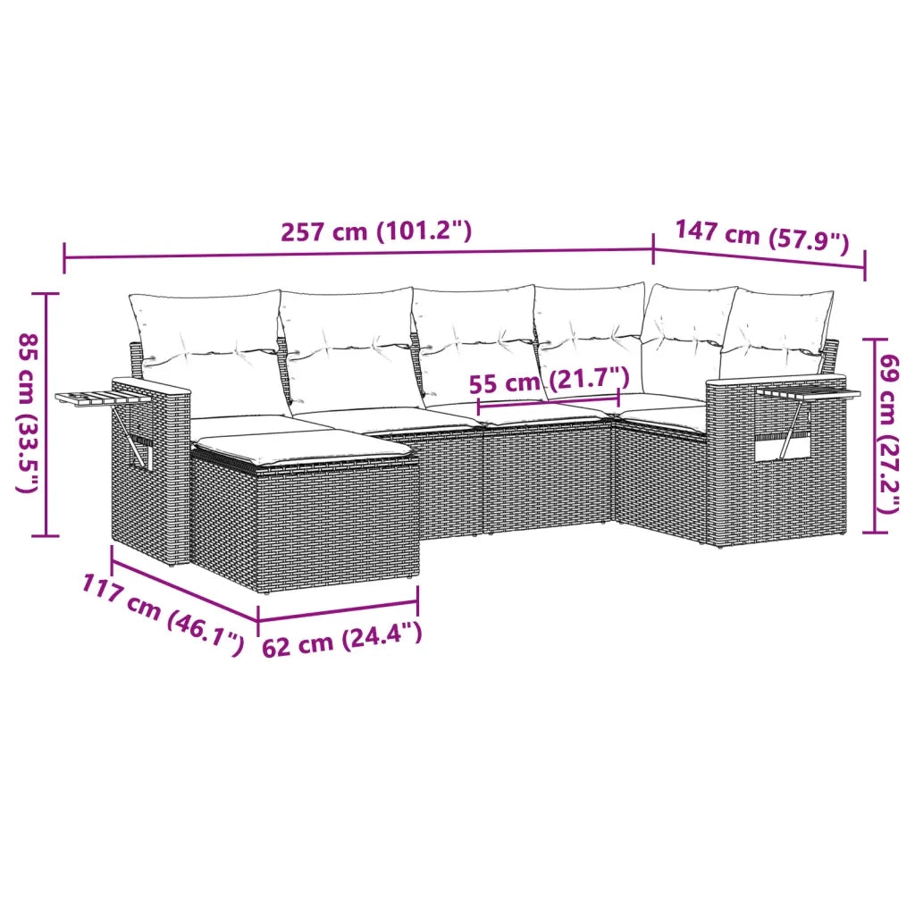 Set Divano da Giardino 6 pz con Cuscini Nero in Polyrattan