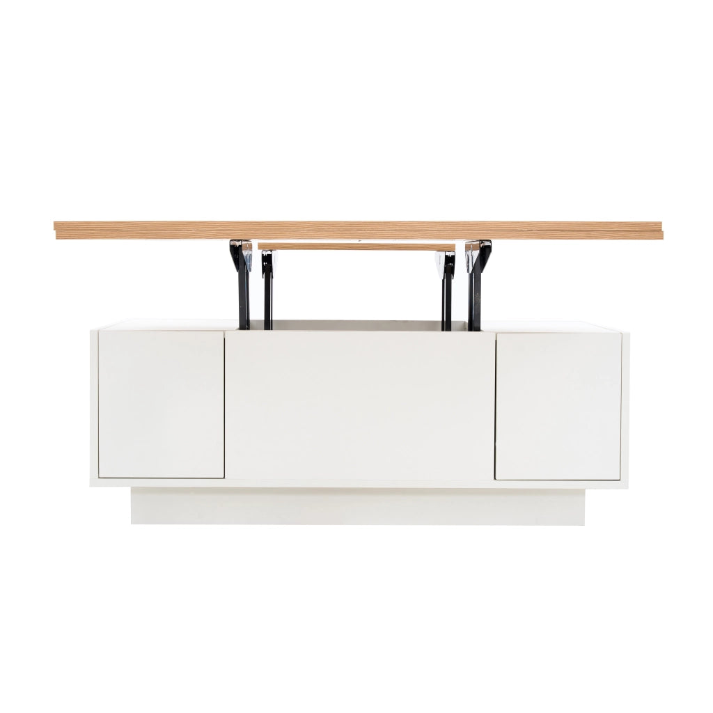 Tavolino da caffè 100x50x55.5 cm; doppio piano sollevabile con vano nascosto; pannello truciolare bianco