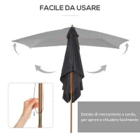 Ombrellone da Giardino 2x3m in Legno e Bambù con 8 Stecche e Copertura in Poliestere, Grigio Scuro