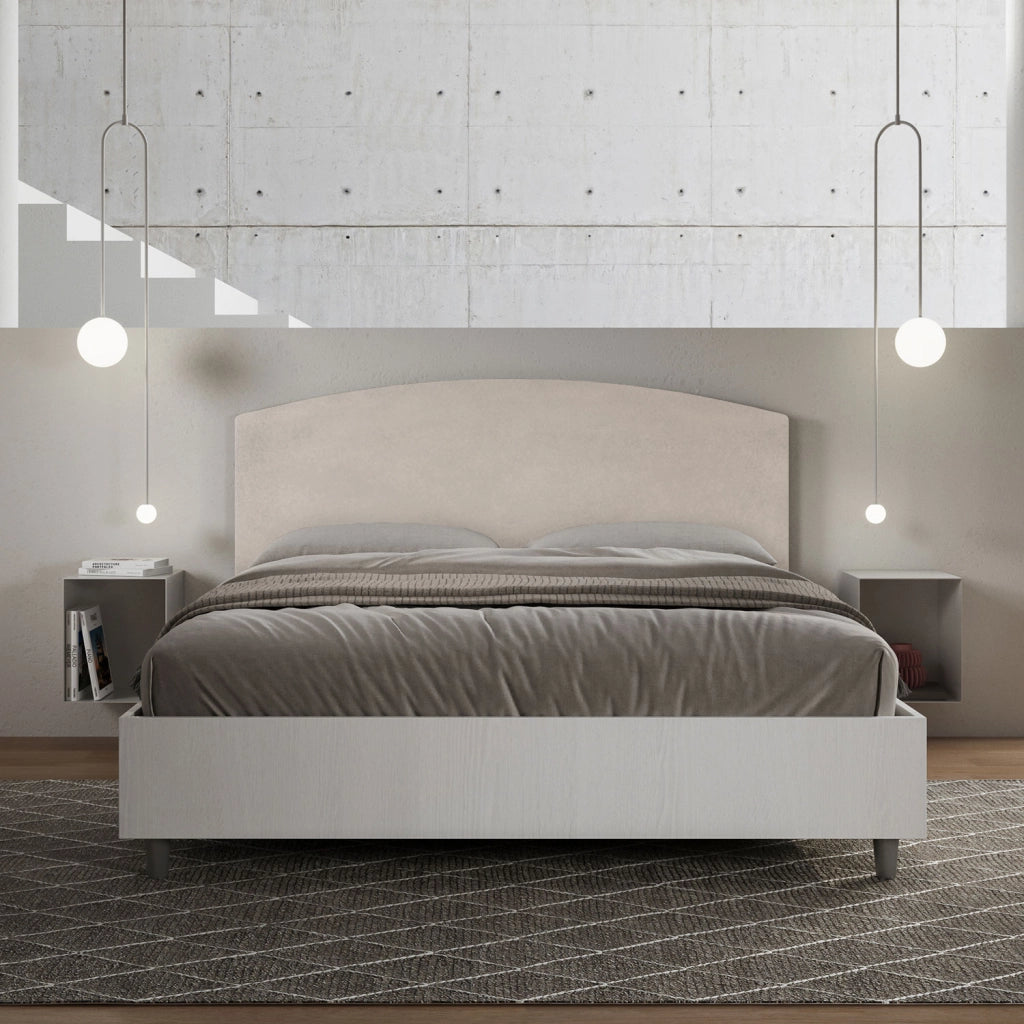 BS COM Letto matrimoniale contenitore 160x190 bianco frassino testata microfibra sabbia