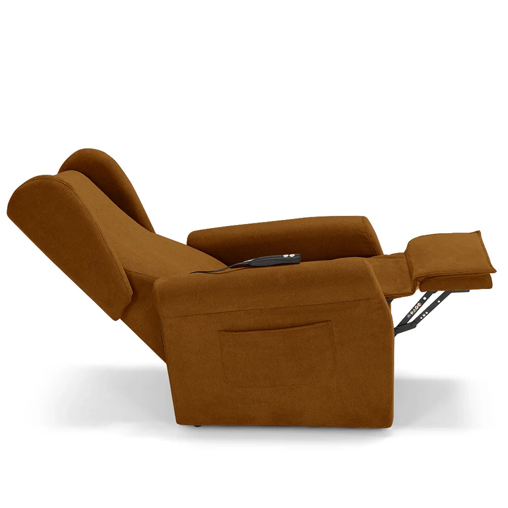 Poltrona relax elettrica PISA MADE IN ITALY per anziani e disabili, 2 motori, 4 ruote, reclinazione e alzapersona, Tessuto Antimacchia, colore Mango