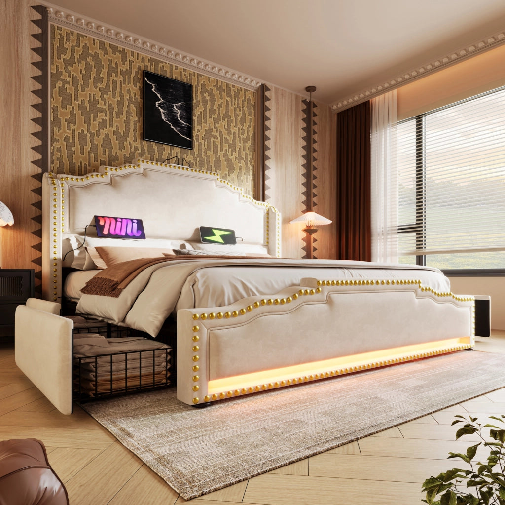 Letto matrimoniale 160x200 beige in velluto con LED e cassetti