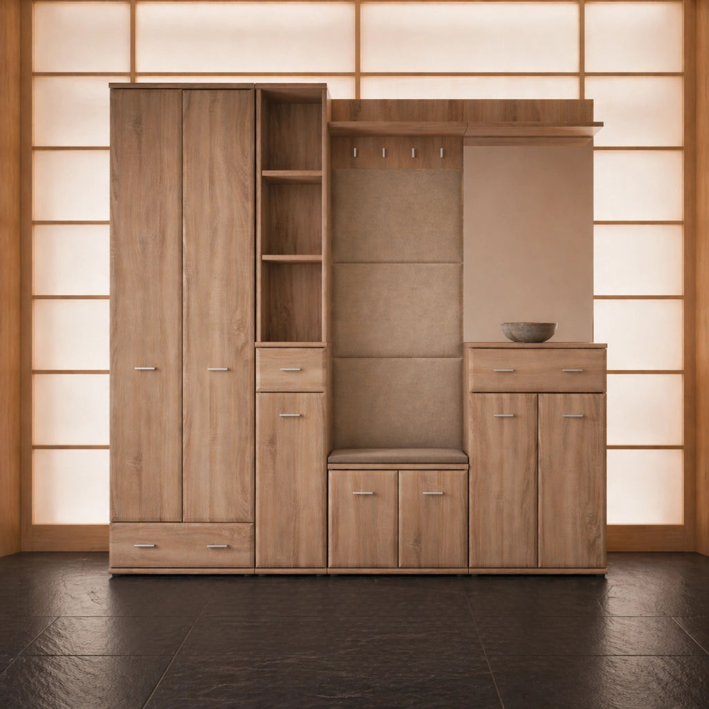 Set Ingresso Scarpiera Appendiabiti Imbottito Mobile Entrata Anta Specchio Vani Guardaroba Ganci Armadio Mobiletto Multifunzione Salvaspazio Corridoio Casa Design Moderno 210 x 32 x 203 Cm Rovere