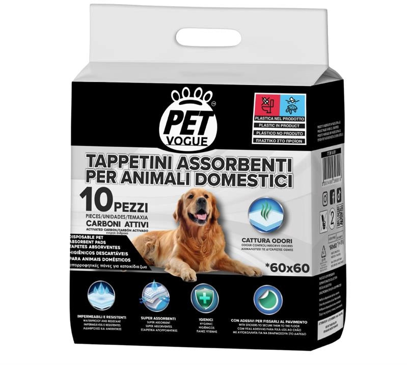 PET VOGUE TAPPETINI ASSORBENTI PER ANIMALI CON CARBONI ATTIVI 60X60 CM 10PZ