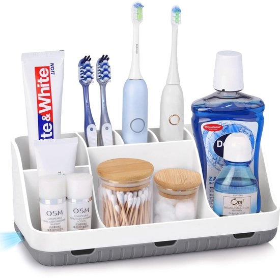 Organizzatore della bagno a 7 compartimenti - Bianco - Adatto per famiglie e bambini - Realizzato in plastica - Incluso contenitore per dentifricio