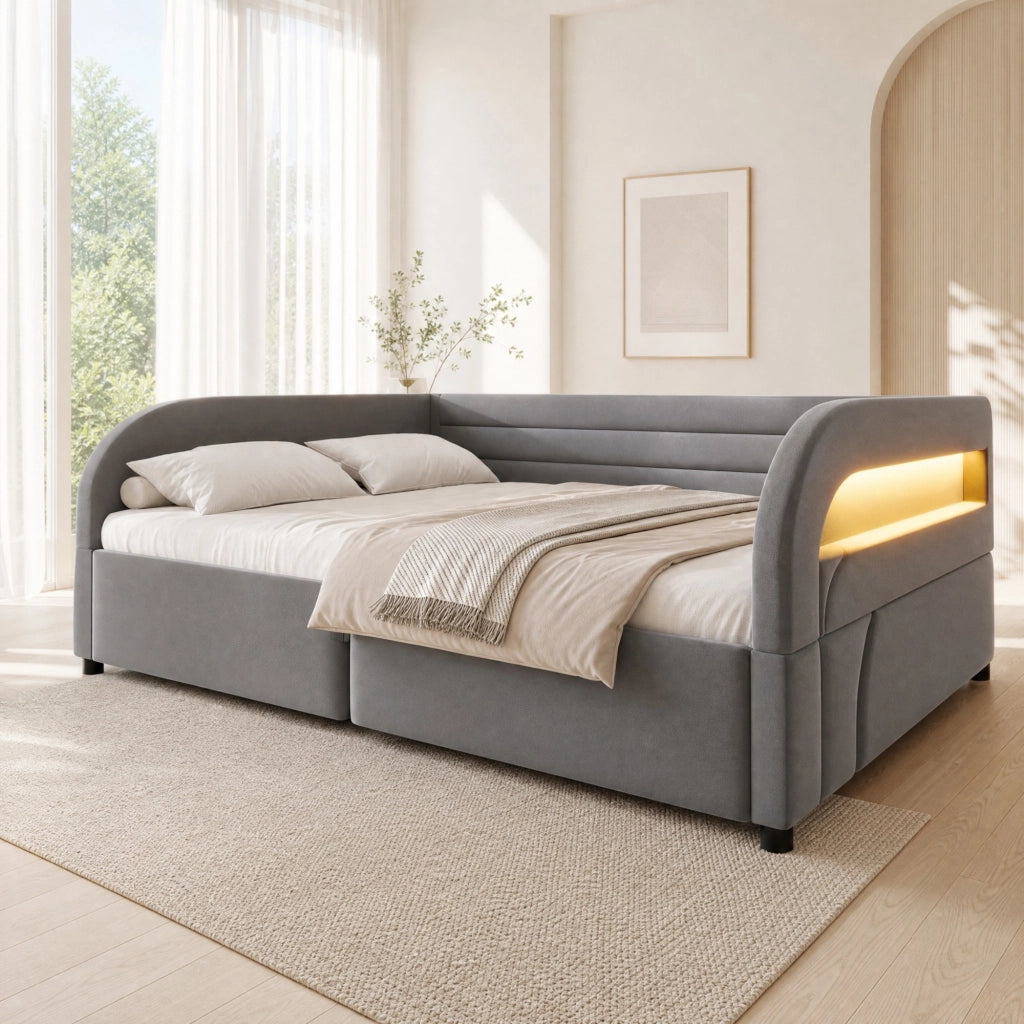 Letto imbottito 140x200 cm con contenitore idraulico e LED