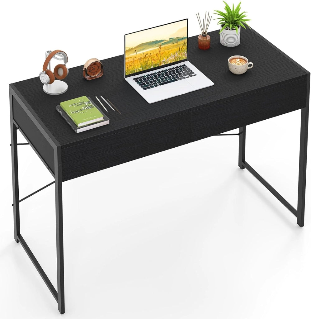 Scrivania per Computer con 2 Cassetti, Scrivania Porta PC con Telaio in Metallo e Legno, Posizione da Lavoro per Studio e Ufficio, Portata 100 kg, 112 x 48 x 76 cm (Bianco)
