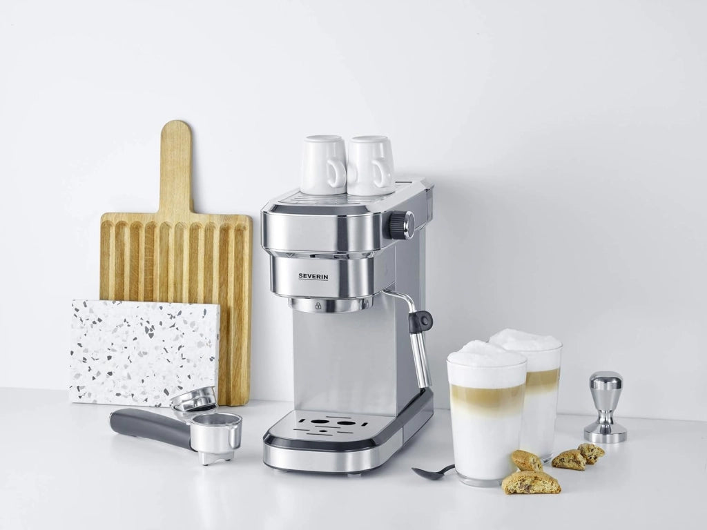 Severin ka 5994 macchina espresso espresa, per 1 o 2 tazze, adatta per cialde ese e caffè macinato, pronta in 40 secondi, pressione 15 bar, 1350 w, acciaio inox, argento/nero