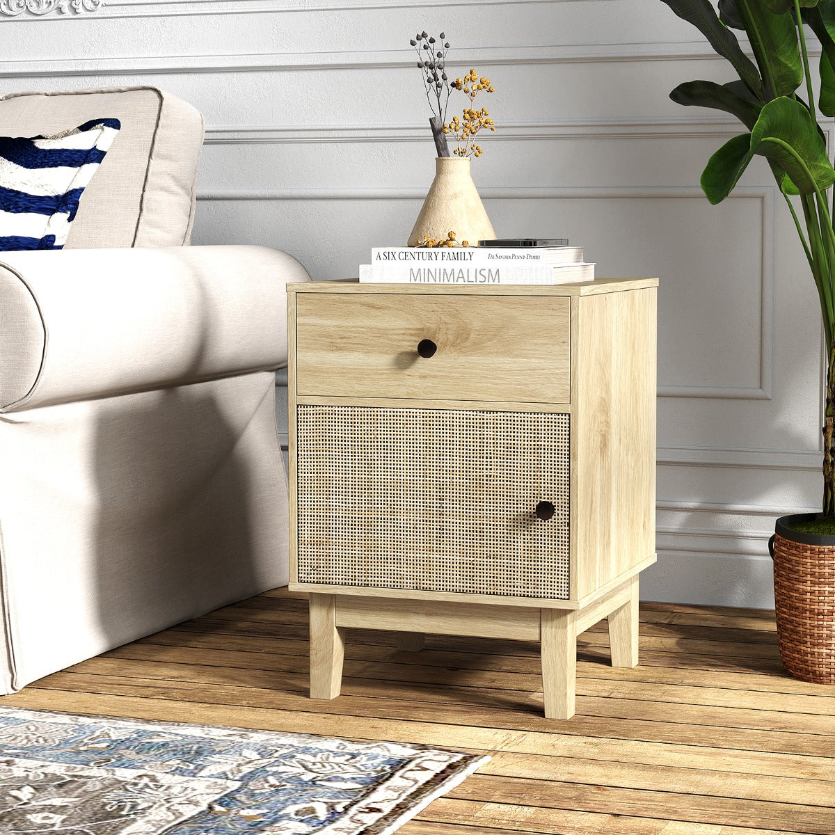 Comodino in rattan stile medievale con cassetto e armadietto, Tavolino boho con gambe in legno Naturale-Comodini