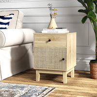 Comodino in rattan stile medievale con cassetto e armadietto, Tavolino boho con gambe in legno Naturale-Comodini