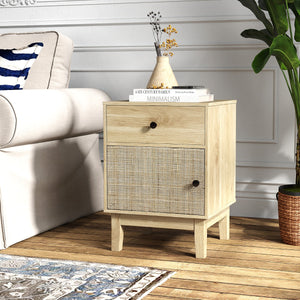 Comodino in rattan stile medievale con cassetto e armadietto, Tavolino boho con gambe in legno Naturale-Comodini