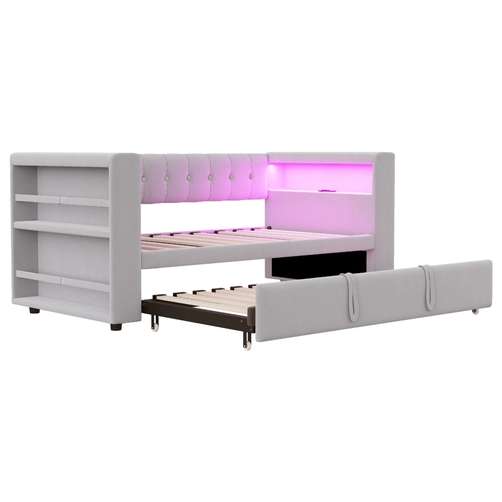 Letto multifunzionale con contenitore, illuminazione LED e prese integrate, 180 x 190 cm, grigio chiaro