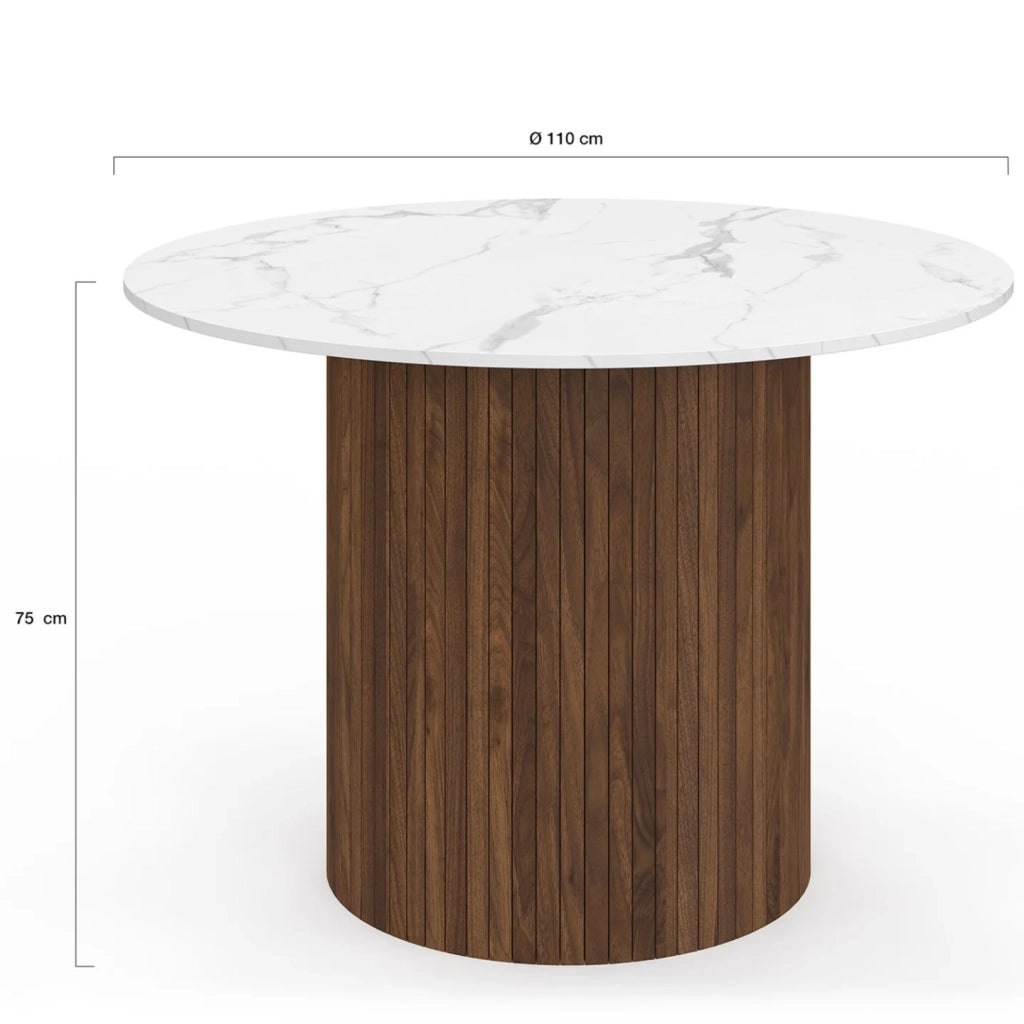 IDMarket - Tavolo da pranzo rotondo per 6 persone JULIETTE con gamba centrale a doghe in noce e piano in marmo bianco ALASKA 110 cm