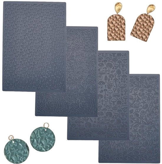 Set di Pellucoli in Polimero - 4 pezzi - Materiale Riciclabile - Orecchini DIY - Varie Texture - Dimensioni 99x148 mm - Matrici in Pasta di Modellazione