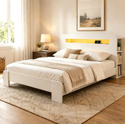 Letto multifunzione in legno 140x200 cm con testiera contenitiva, LED e prese