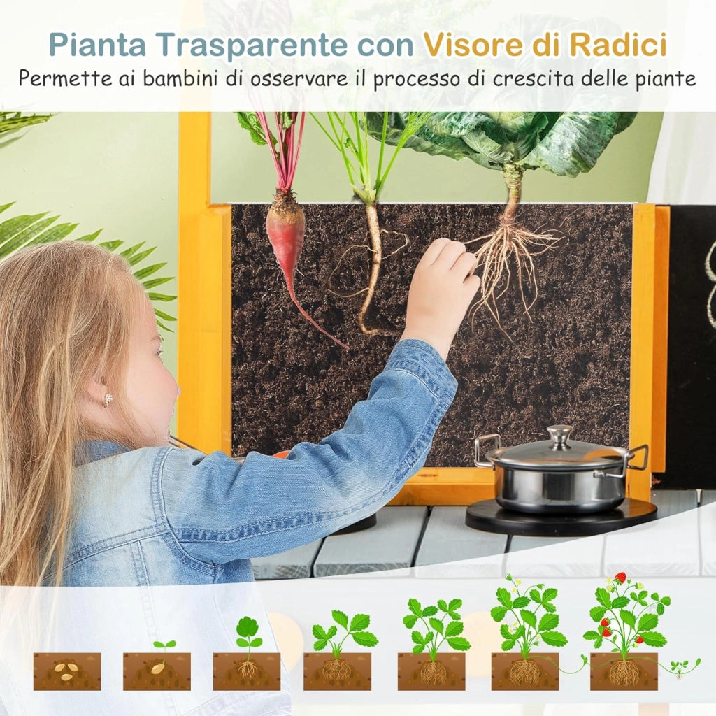 Cucina Giocattolo per Giardino con Vaso da Piantinaggio Trasparente, Rubinetto e Lavandino Rimovibile, Cucina in Legno di Abete per Bambini, Set Cucina con 8 Accessori (Blu e Arancio)