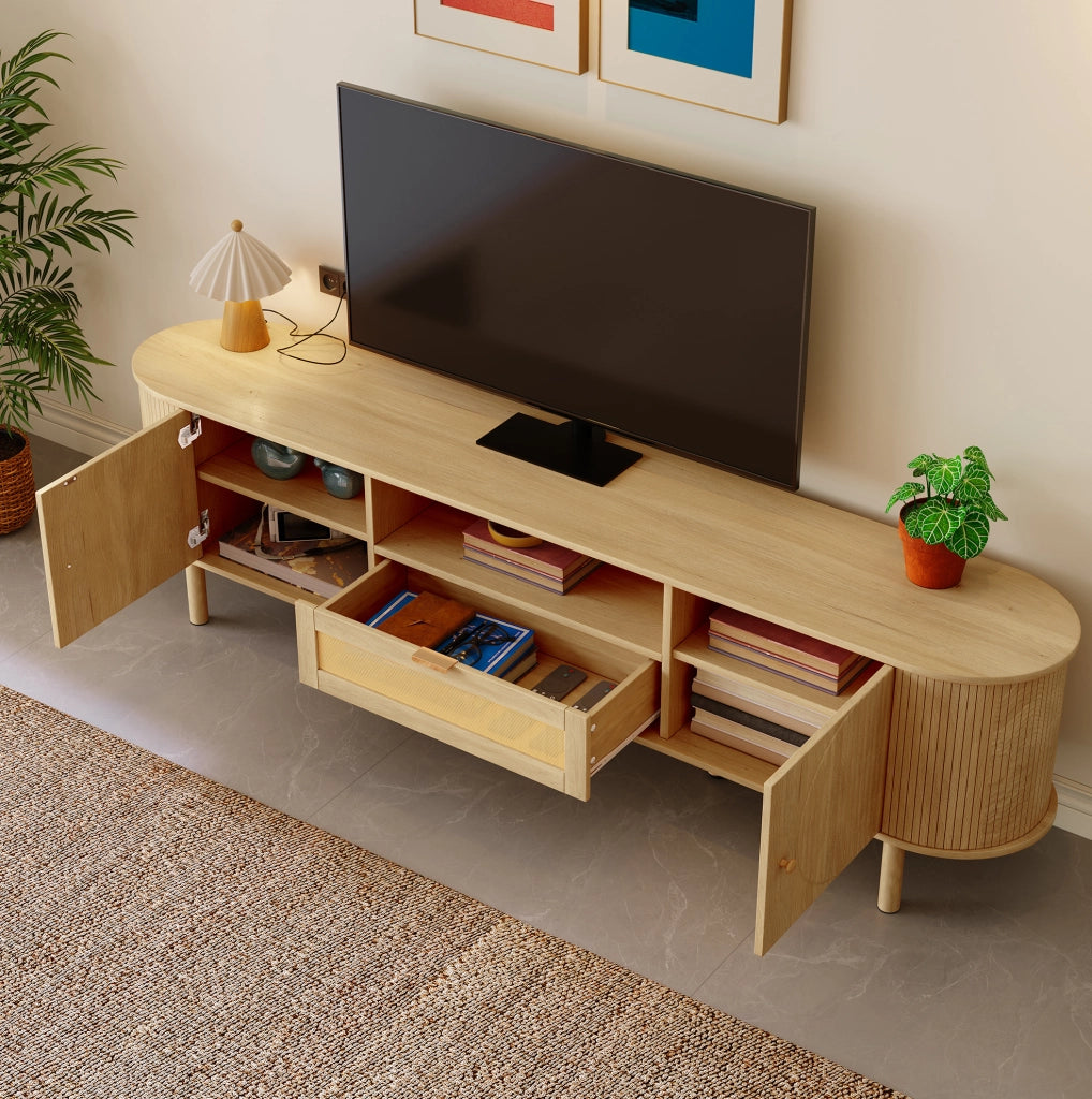 Mobile TV 175x36x51 cm; design curvo con passacavi; MDF; colore naturale