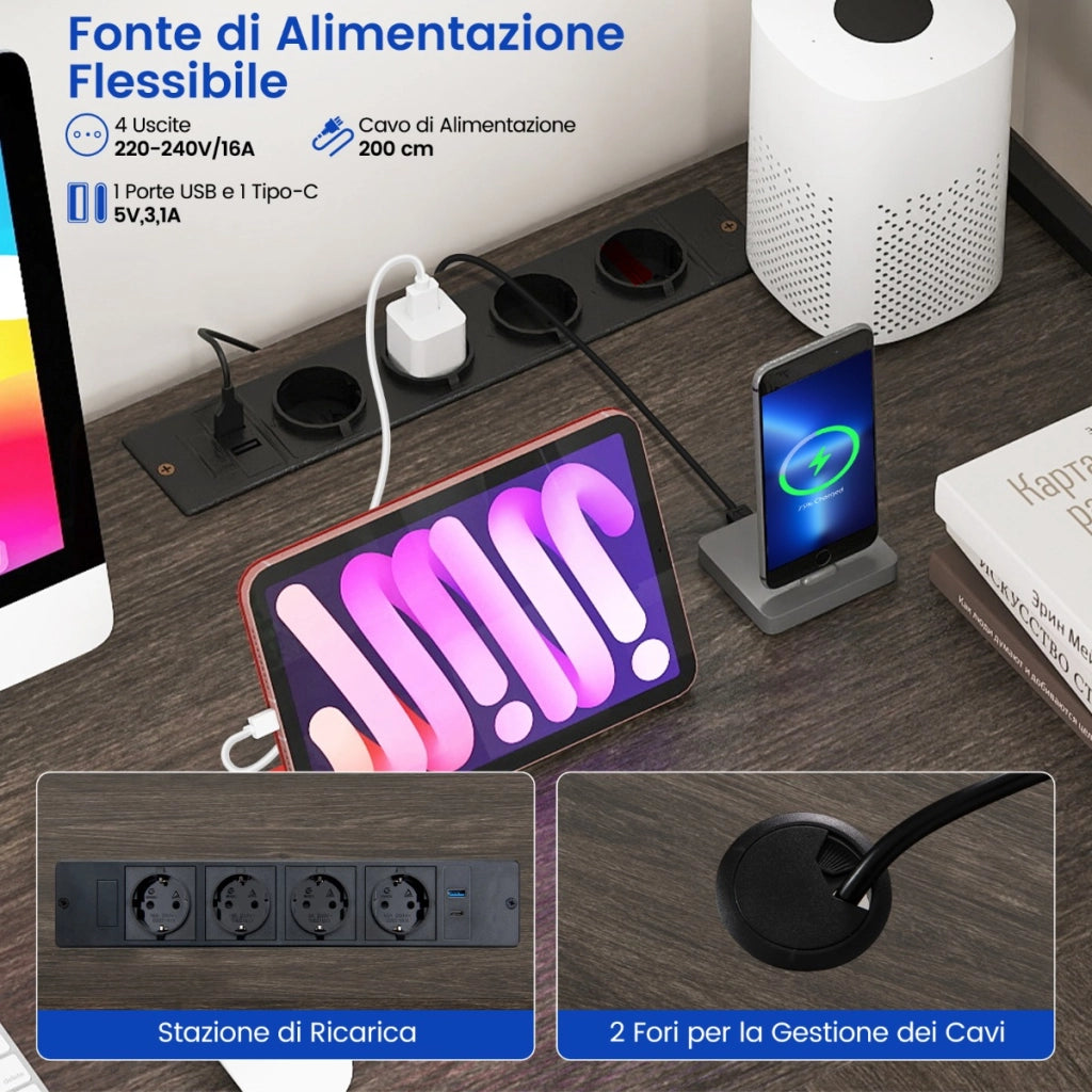 Tavolo da gioco a L con striscia LED e prese di corrente, Scrivania angolare con mensola supporto per monitor/CPU Grigio-Scrivanie