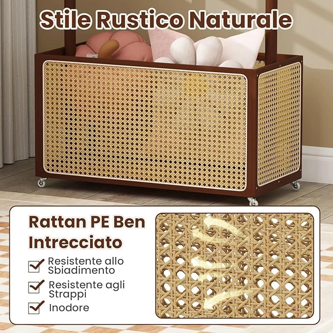 2 in 1 Porta Abiti in Bambù, Appendiabiti con Cesto di Stoccaggio in Rattan, Stand AppendiAbiti con Ruote per Ingresso Soggiorno Camera da Letto