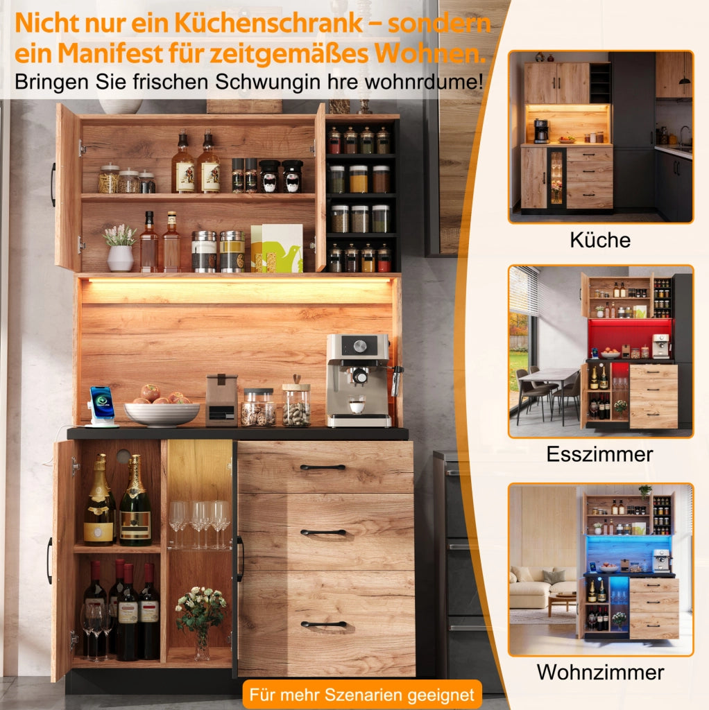 Credenza alta da cucina 105x40x180 cm in MDF; finitura effetto legno e nero con LED e prese EU