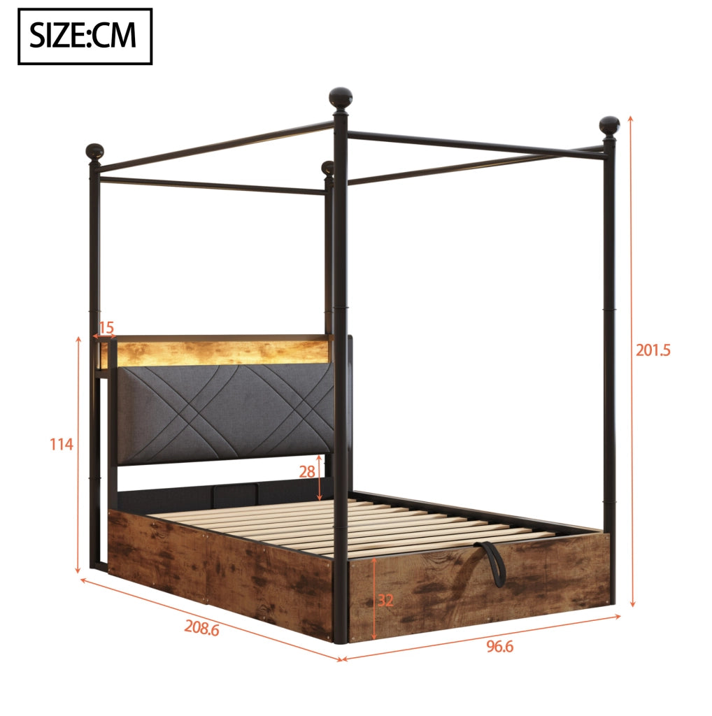 Letto singolo 90x190 cm con baldacchino removibile; contenitore idraulico; LED; USB; nero
