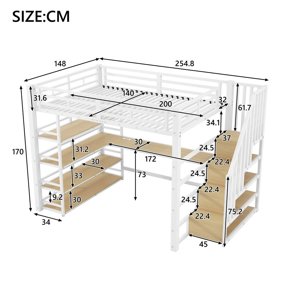 Letto a Soppalco con Scrivania, Cassetti, LED e USB ¨C MINIMAL ¨C Metallo Bianco 140x200