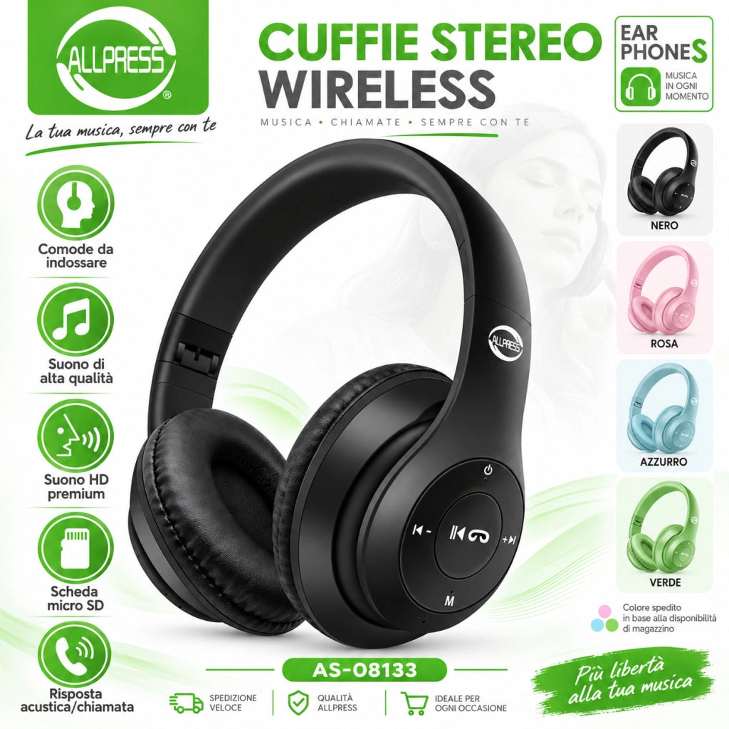 CUFFIE WIRELESS ALLPRESS STEREO MICRO SD MUSICA CHIAMATE OVER EAR AS-08133