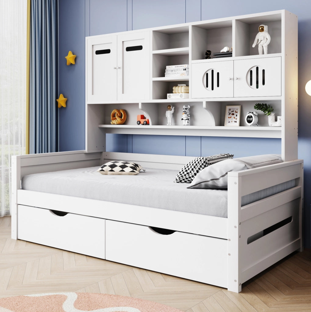 Letto singolo 90x200 in legno bianco con cassetti, armadietti e ripiani