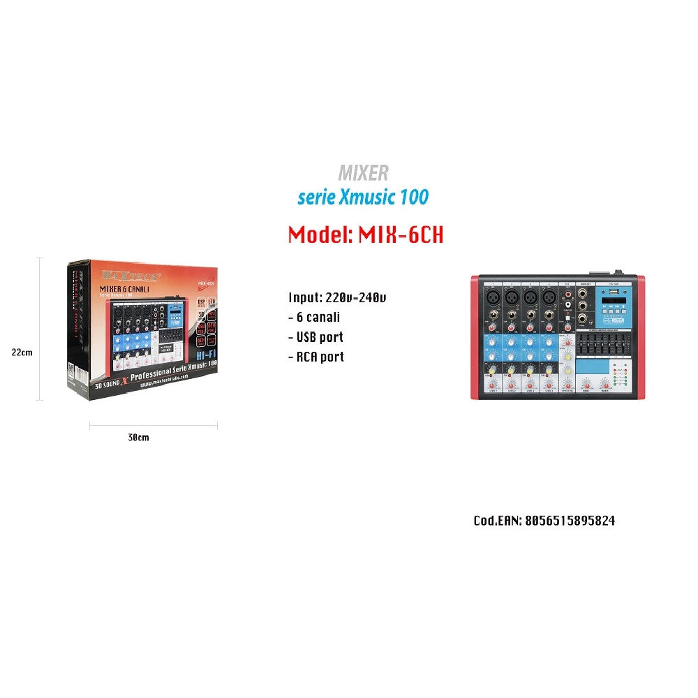 Trade Shop - Mixer Audio 6ch Equalizzatore 4 Mic Xlr Phantom +48v Usb Mp3 Display Maxtech Mix-6ch -