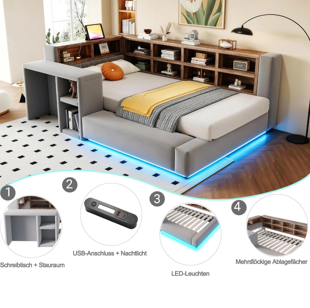Letto imbottito 90x200 cm con testiera contenitore; LED; prese e comodino; grigio scuro