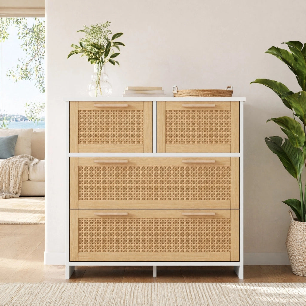 Comò a 4 cassetti con frontali in rattan, struttura in MDF e legno, naturale e bianco, per la casa, 80 × 38 × 80 cm