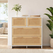 Comò a 4 cassetti con frontali in rattan, struttura in MDF e legno, naturale e bianco, per la casa, 80 × 38 × 80 cm