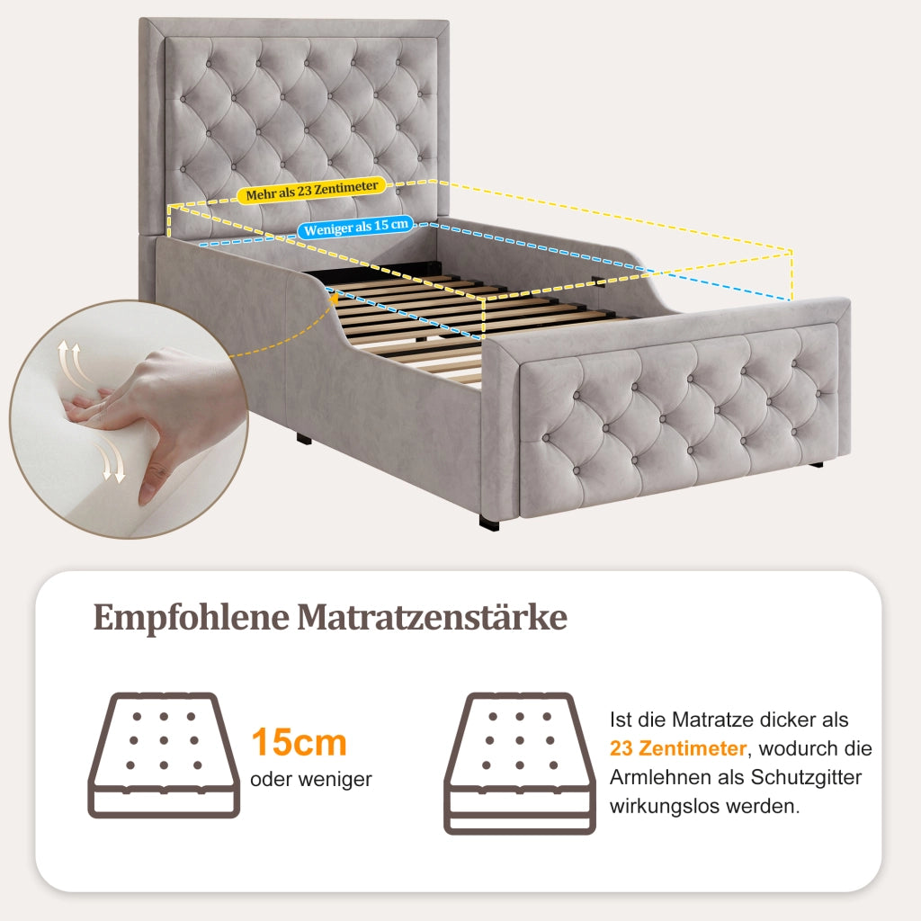 Letto per bambini 90 × 200 cm con contenitore idraulico, testiera imbottita, senza materasso, velluto grigio