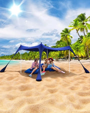 Ombrellone da spiaggia zonizzazione UPF50+, 3m x 3m x 2m ombrellone da spiaggia con 4 pali in alluminio, 4 sacchetti di sabbia e 4 ancoraggi al suolo, parasole da spiaggia per tende leggere per viaggi di picnic e di spiaggia