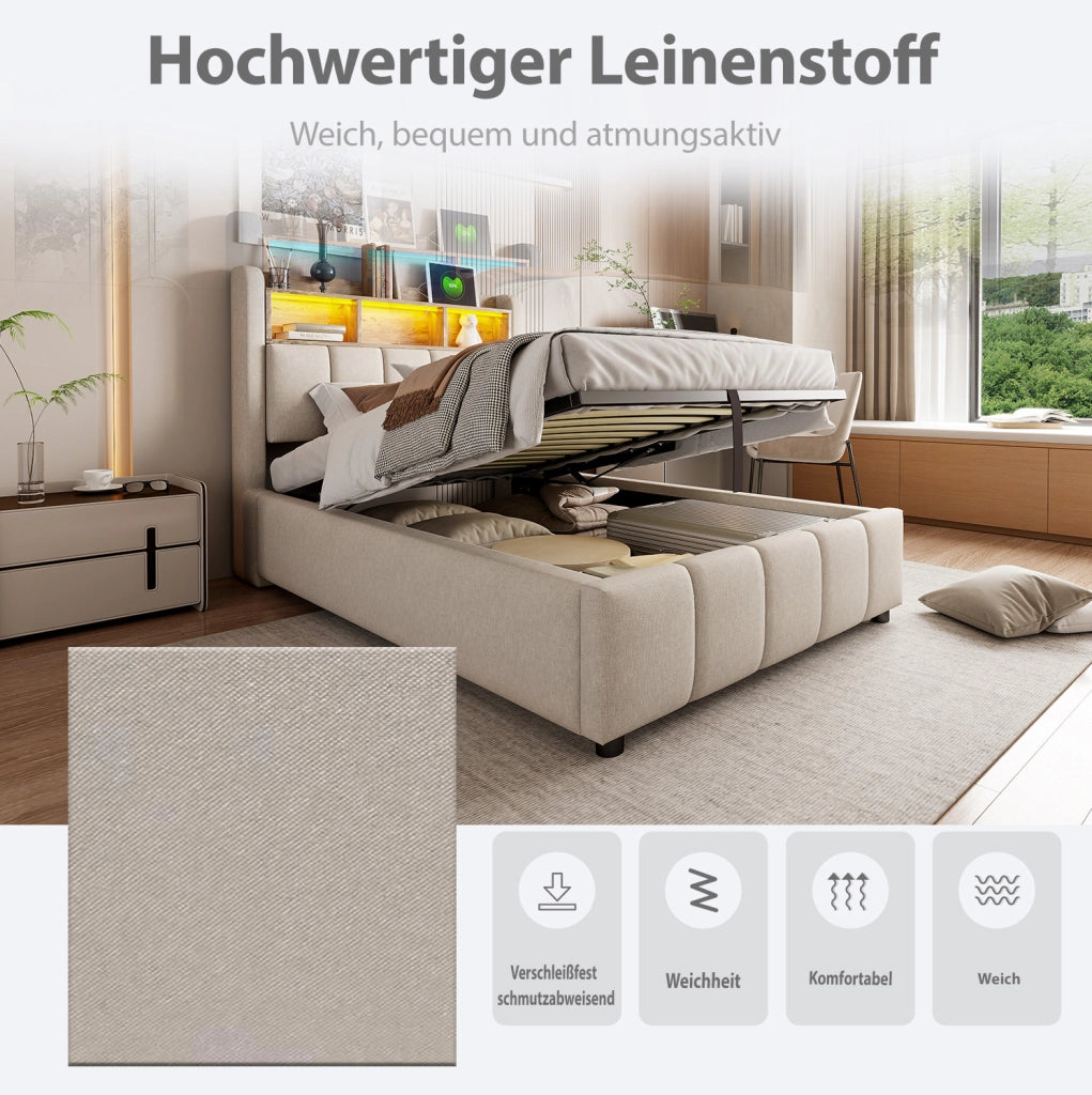 Letto imbottito beige 90 x 200 cm con LED, USB, vano contenitore e testiera