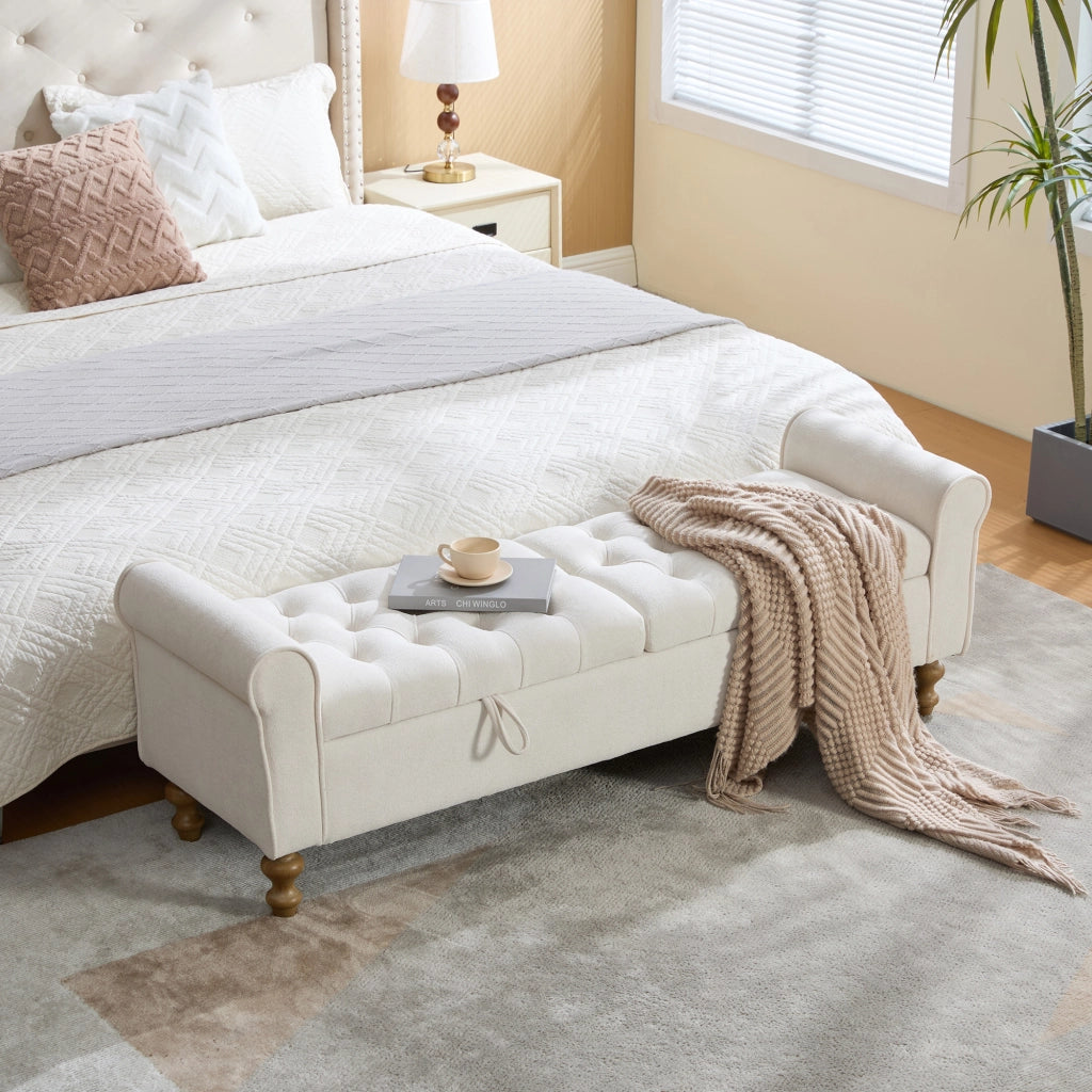 Panca contenitore ¨C Minimal ¨C Beige velluto con gambe in legno